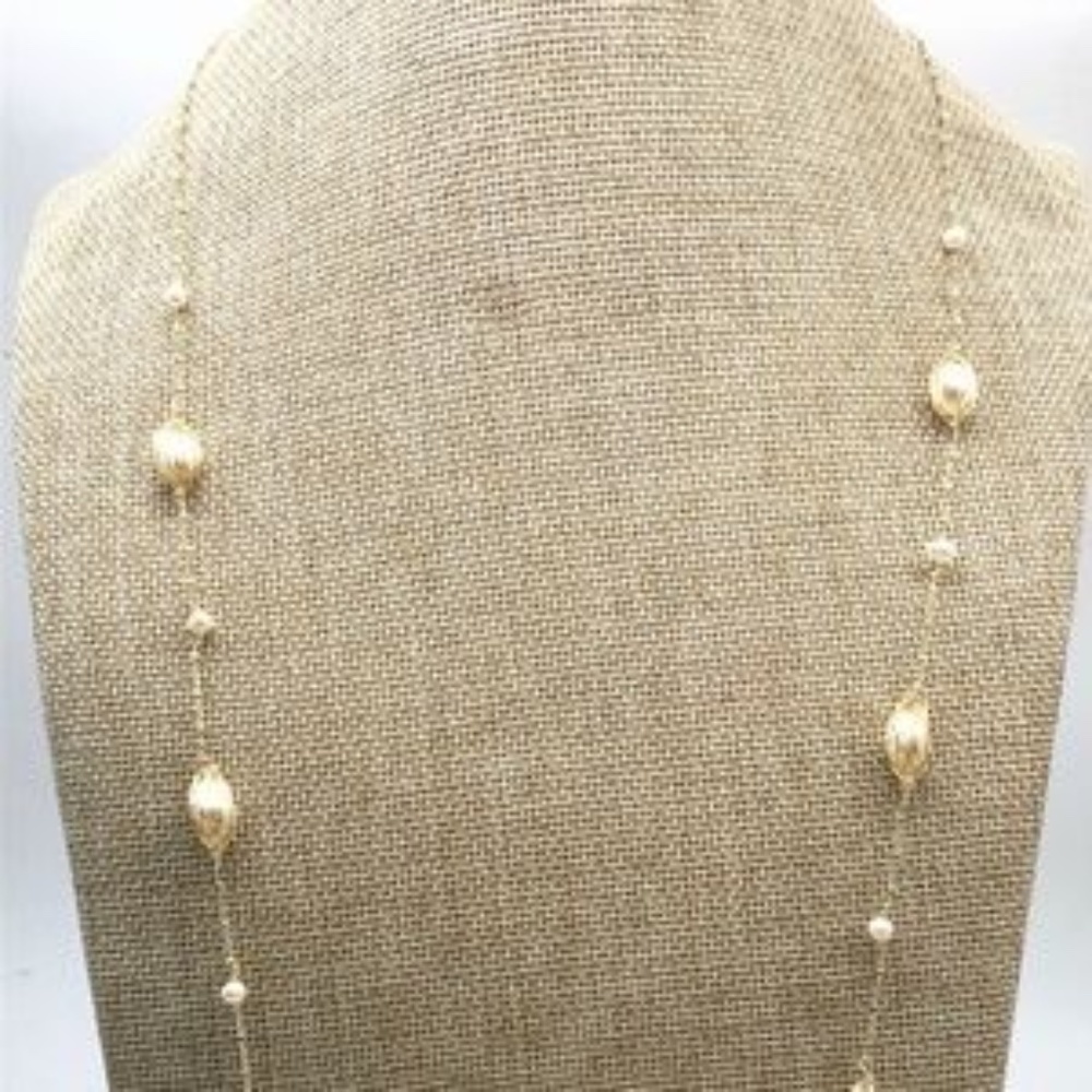 42" White Cultured Pearl Gold Chain Necklace 14K Yellow Gold Plate - Picture 2 of 11